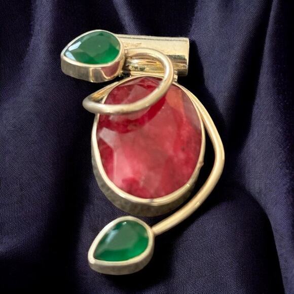 VTG Artisan Crafted Ruby Emerald Sterling Silver Statement Pendant Stamped 925 - Picture 8 of 8
